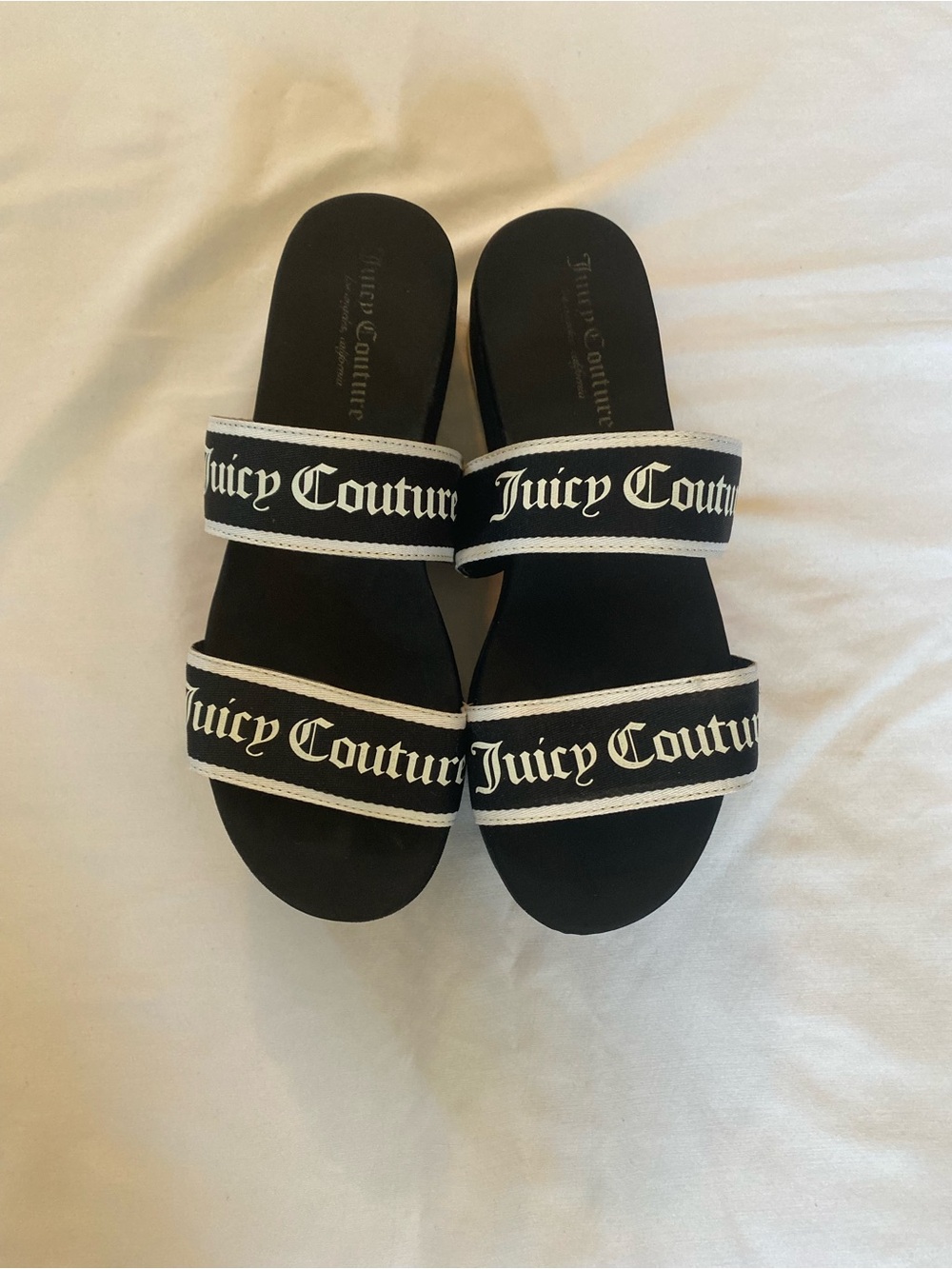 Juicy Couture Black and White Double-Strap Slide Sandals